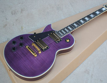 Chine Guitare électrique violette personnalisée à main gauche, placage en érable flamme, matériel en or, 22 frettes, liaison blanche fournisseur