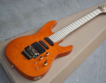 Chine Guitare électrique orange personnalisée avec Floyd Rose, 3 pick-ups, pas de frettes, matériel en or, placage en érable flamme fournisseur