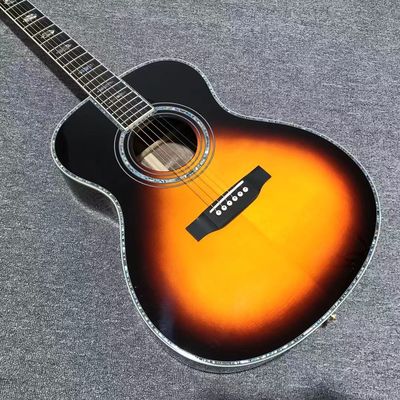 Chine Bois d'épinette massif OM Corps rond Eboue Fingerboard complet Abalone Liant classique Guitare électrique acoustique dans Sunburst fournisseur