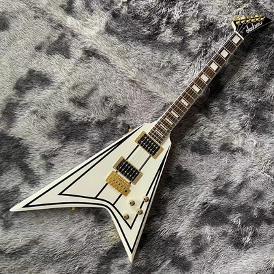 Chine Guitare électrique Grand Jack personnalisée couleur blanche en bandes noires avec matériel en or acceptent la guitare OEM fournisseur