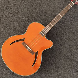 Chine Guitare à 6 cordes en orange, arrière et côté rouges, side pickup, corps creux fournisseur