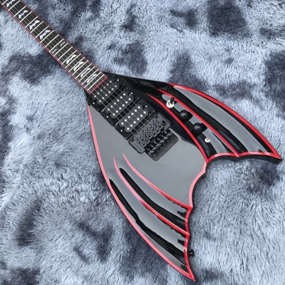 Bat noir sur mesure 6 cordes tremblement de pont guitare électrique corps d'acajou matériel noir fournisseur