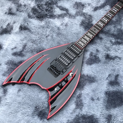 Bat noir sur mesure 6 cordes tremblement de pont guitare électrique corps d'acajou matériel noir fournisseur