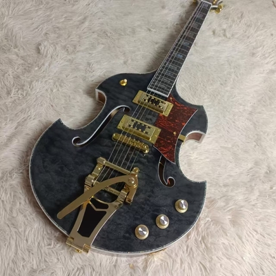 Guitare électrique de style Gretsch avec bigs bys trem en noir transparent, acceptez la guitare et la basse OEM fournisseur