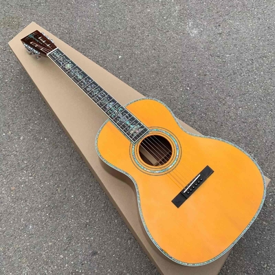 Peinture jaune épinette solide haut 39 pouces 000 type guitare acoustique abalone ébène tête ouverte fournisseur