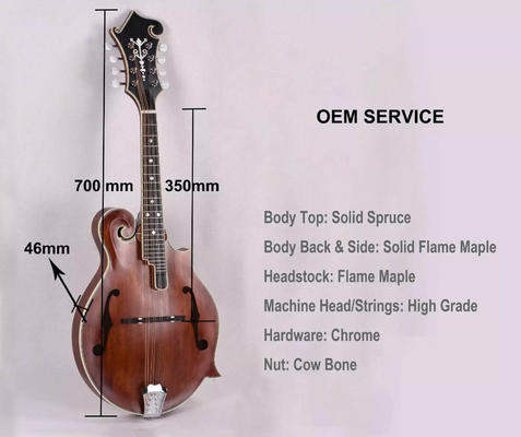 Mandoline personnalisée en épinette solide sculptée à la main Top 8 cordes F style Mandoline, acceptez Mandoline OEM fournisseur