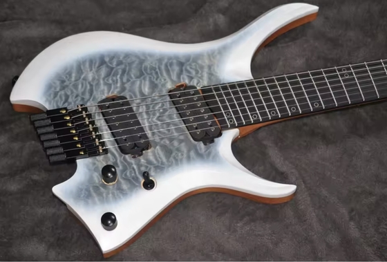 2025 Frets ventilés 7 cordes Guitare électrique sans tête Couleur blanche avec œil Poplar 5 couches Roasted Maple fournisseur