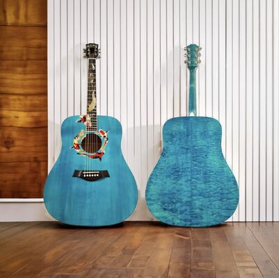 Custom 2025 Taylor Living Jewel Set Style Koi Fish Inlay Dreadnought Guitare acoustique en bleu avec face arrière en érable flammé matelassé fournisseur