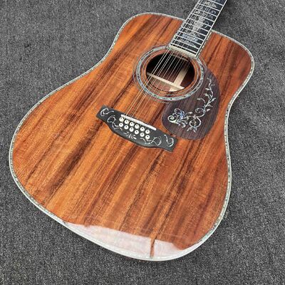 Guitare acoustique personnalisée à 6/12 cordes, solide, KOA, face arrière, reliure en ormeau, avec Logo personnalisé en ormeau fournisseur