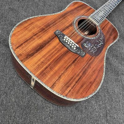 Guitare acoustique personnalisée à 6/12 cordes, solide, KOA, face arrière, reliure en ormeau, avec Logo personnalisé en ormeau fournisseur