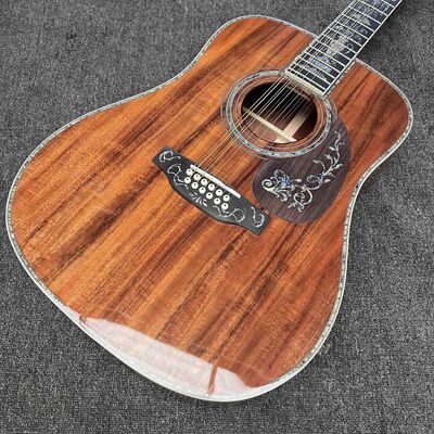 Guitare acoustique personnalisée à 6/12 cordes, solide, KOA, face arrière, reliure en ormeau, avec Logo personnalisé en ormeau fournisseur