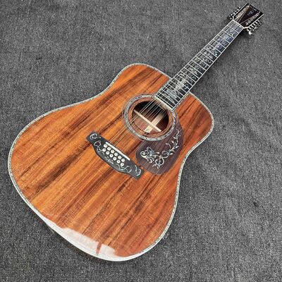 Guitare acoustique personnalisée à 6/12 cordes, solide, KOA, face arrière, reliure en ormeau, avec Logo personnalisé en ormeau fournisseur